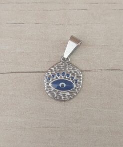 DIJE DE ACERO MEDALLA TRABAJADA CON OJO TURCO ESMALTADO AZUL. 15 MM