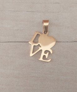 DIJE DE ACERO DORADO CORAZÓN FRASE «LOVE». 17 X 17 MM