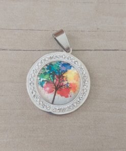 DIJE DE ACERO MEDALLA CON ÁRBOL DE LA VIDA COLOR CON STRASS 25 MM