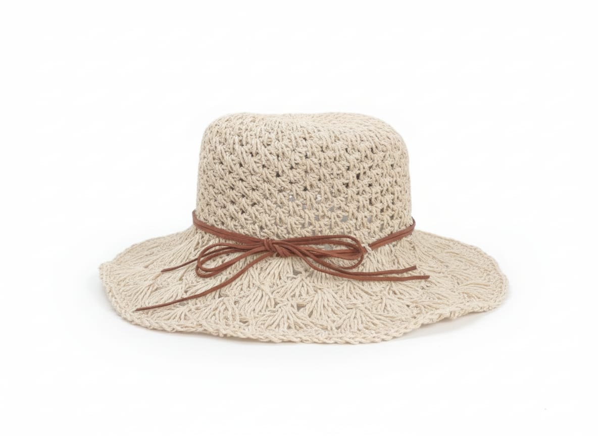 SOMBRERO RAFIA COLOR CRUDO TRAMA ABIERTA CON CORDÓN MARRÓN