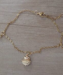 TOBILLERA DE ACERO DORADO ESPEJITO CON DIJE OSTRA Y BOLITAS 3 MM. LARGO 21 + 3,5 CM EXT.