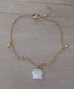 TOBILLERA DE ACERO DORADO ESPEJITO CON DIJE OSTRA PERLADA Y BOLITAS 3 MM. LARGO 21 + 3,5 CM EXT.
