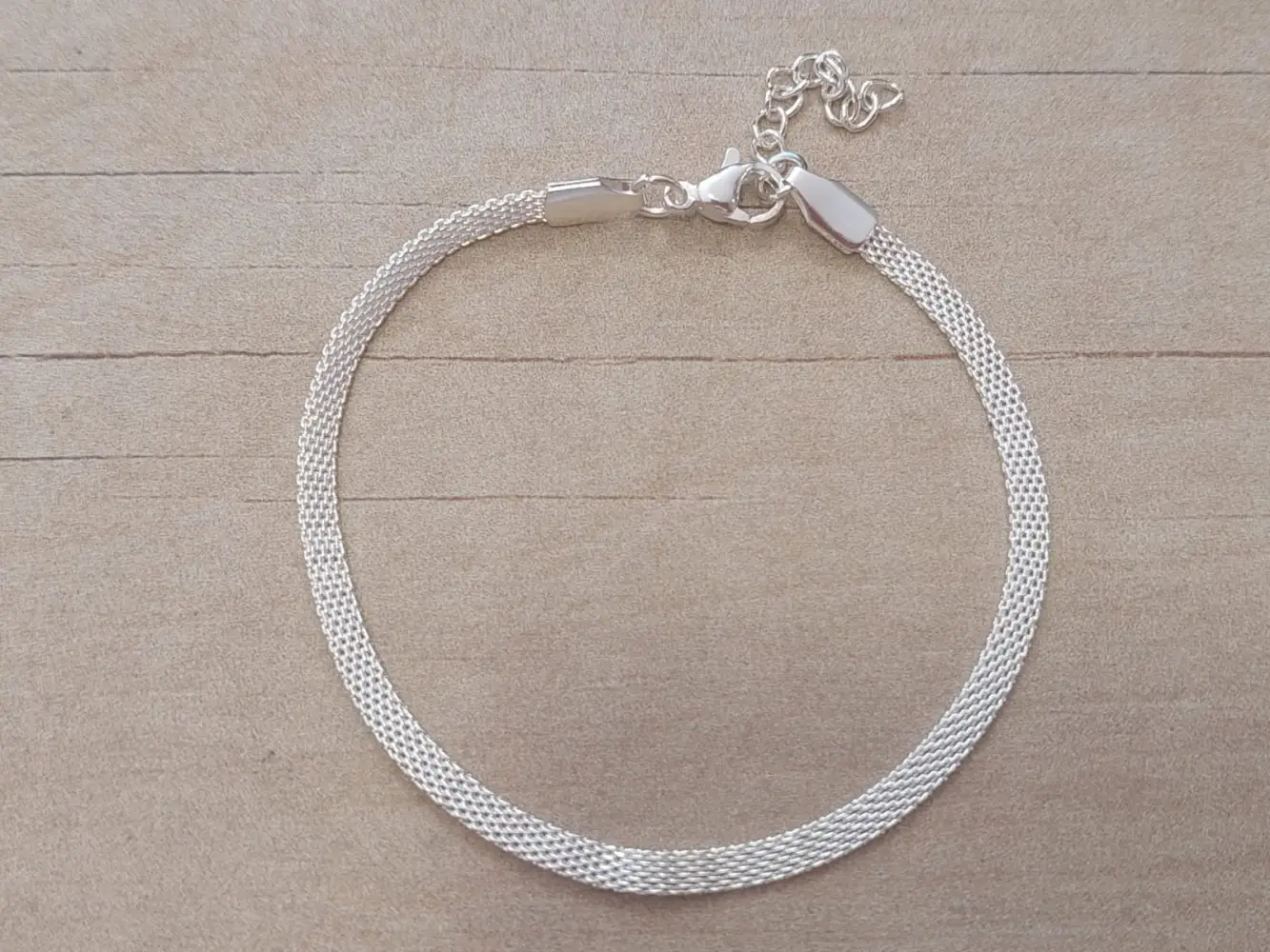 PULSERA DE ACERO BLANCO MALLA PLANA 3 MM. LARGO 18 + 2,5 CM.