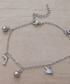 Pulsera de acero espejito con dijes de pez y bolitas