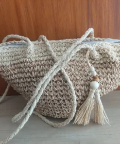 Bolso simil rafia con tira larga beige