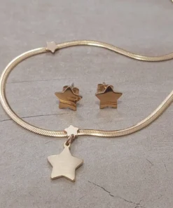 Conjunto de acero dorado cadena cola de ratón chata con estrellas y aros pasantes en forma de estrellas