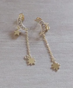 Aro de acero dorado pasante luna con strass y cadena con dije colgante