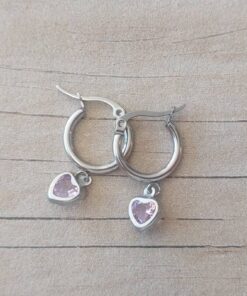 ARO DE ACERO ARGOLLA 15 MM CON DIJE DE CORAZÓN CON STRASS ROSA