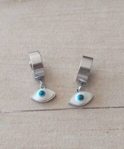ARO DE ACERO ARGOLLA PLANA CON BISAGRA Y DIJE OJITO. 4 X 10 MM