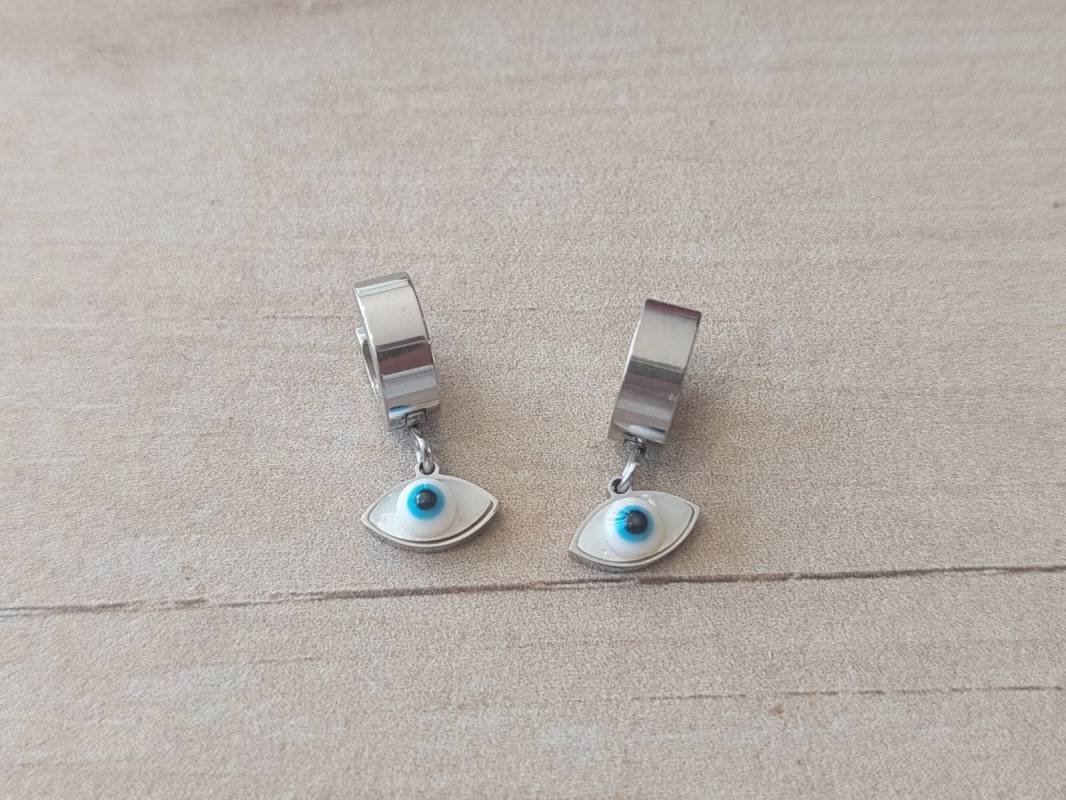 ARO DE ACERO ARGOLLA PLANA CON BISAGRA Y DIJE OJITO. 4 X 10 MM