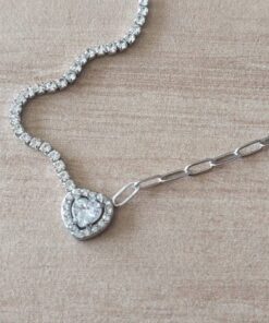 COLGANTE DE ACERO CADENA ESLABÓN FORCET COMBINADA CON CADENA DE STRASS Y DIJE CON DIJE CENTRAL CORAZON CON STRASS. LARGO 40 + 5 CM EXT.