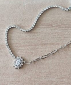 COLGANTE DE ACERO CADENA ESLABÓN FORCET COMBINADA CON CADENA DE STRASS Y DIJE CON DIJE CENTRAL OVAL CON STRASS. LARGO 40 + 5 CM EXT.