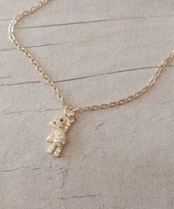 COLGANTE DE ACERO DORADO ESLABÓN ESPEJITO CON DIJE OSITO CON STRASS. LARGO CADENA 40 CM + 5 EXT.
