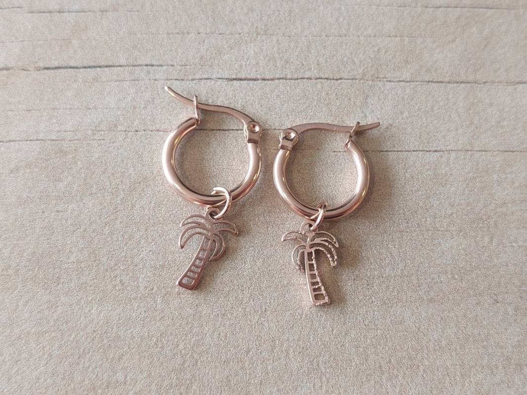 ARO ARGOLLA 15 MM DE ACERO ROSÉ CON DIJE PALMERA