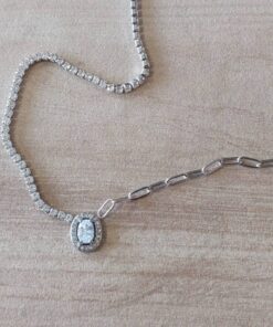 COLGANTE DE ACERO CADENA ESLABÓN FORCET COMBINADA CON CADENA DE STRASS Y DIJE CON DIJE CENTRAL OVAL CON STRASS. LARGO 40 + 5 CM EXT.