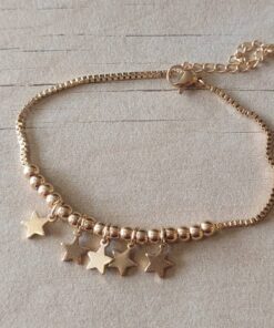 PULSERA DE ACERO DORADO ESLABÓN VENECIANA CON BOLITAS 4 MM Y ESTRELLAS. LARGO 18,5 + 5 CM EXT.