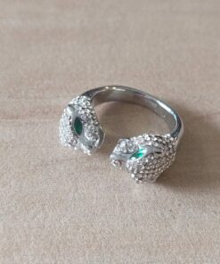 ANILLO DE ACERO DOBLE TIGRE DOBLE ABIERTO CON STRASS BLANCO Y OJOS VERDES