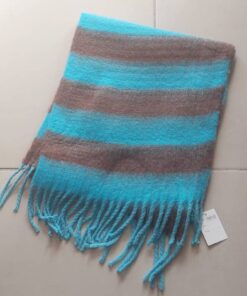 BUFANDON RAYADO MARRÓN Y TURQUESA CON FLECOS. TAMAÑO 45 X 200 CM