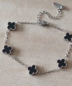 PULSERA DE ACERO ESLABÓN ESPEJITO CON DIJE ESTILO VAN CLEEF 9 MM ACRÍLICO NEGRO. LARGO 17,5 + 6 CM EXT.