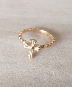 ANILLO DE ACERO DORADO BOLITA SIN FIN CON CRUZ