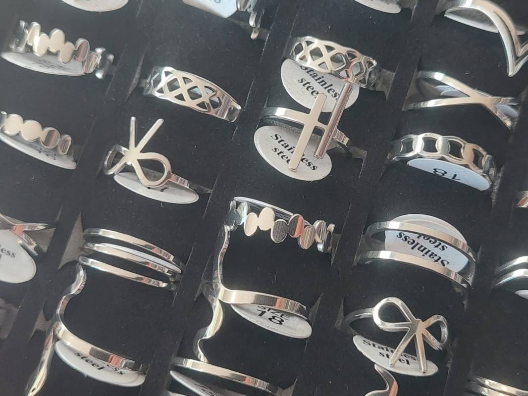 ANILLOS DE ACERO FIGURAS CALADAS X 36 UNIDADES SURTIDOS EN MEDIDAS. (MEDIDAS DEL 16 AL 20)