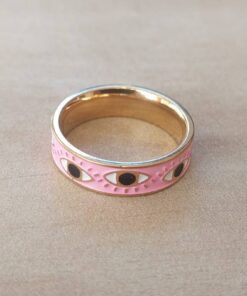 ANILLO CINTA DE ACERO DORADO ESMALTADO ROSA CON OJITOS