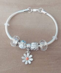 PULSERA DE ACERO BLANCO COLA DE RATÓN 3 MM CON DONAS GAMA CRISTAL Y MARGARITA. LARGO 19 CM
