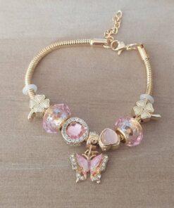 PULSERA DE ACERO DORADO COLA DE RATÓN 3 MM CON DONAS GAMA ROSA Y MARIPOSA. LARGO 19 CM EXT. 3 CM