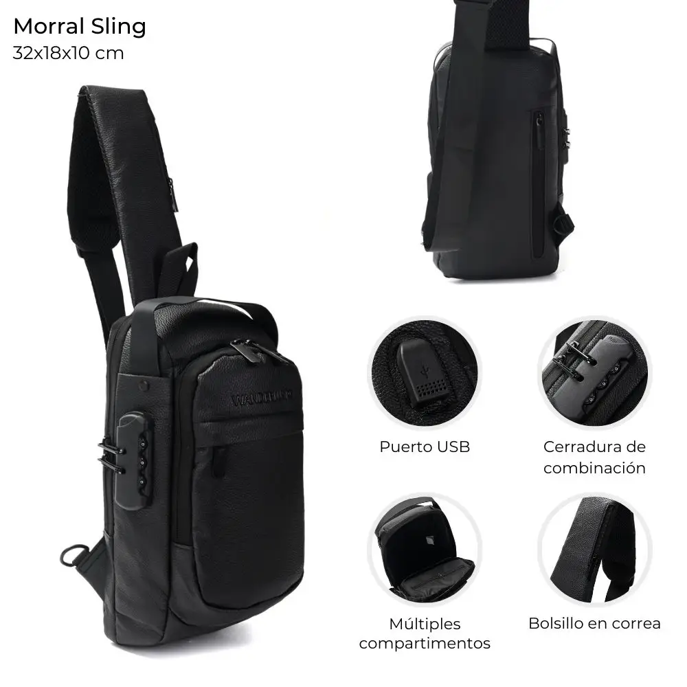 Morral Sling con cerradura y USB PU graneado 32x18x10cm bolsillo horizontal x 1u - Imagen 13