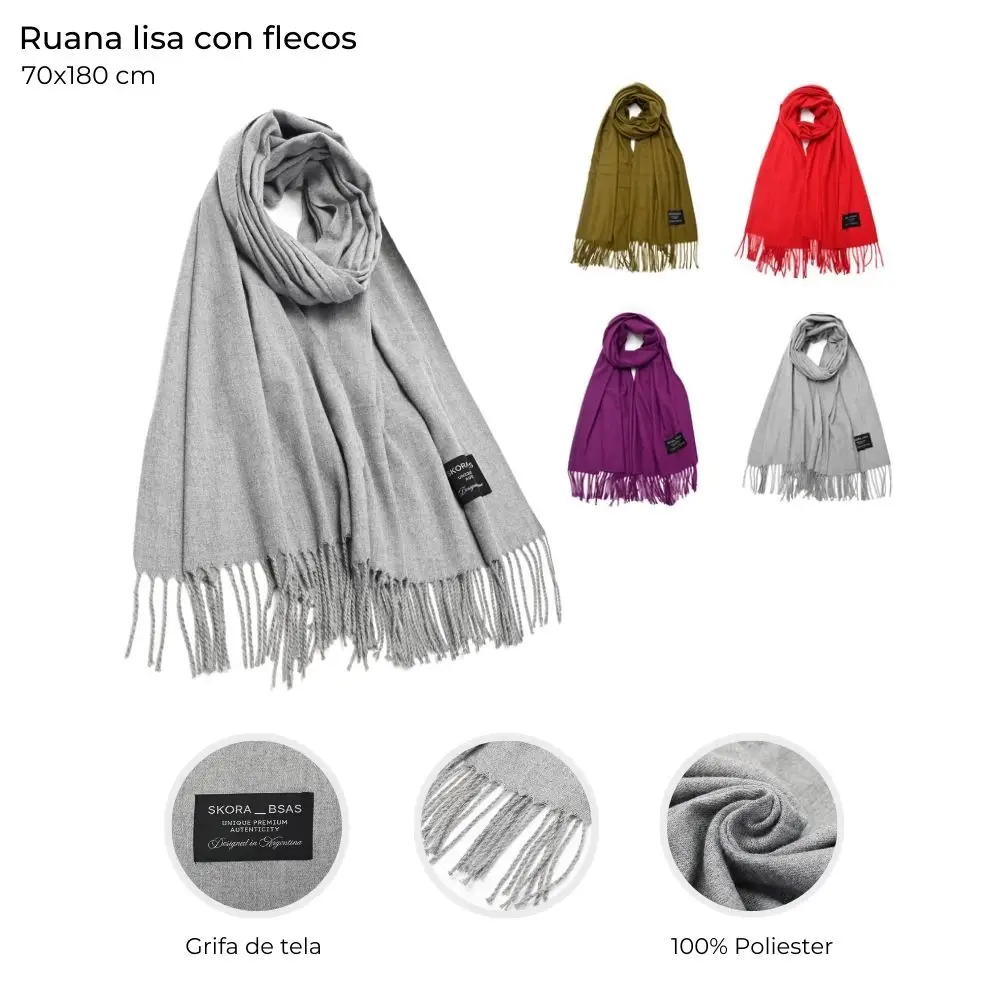 Bufanda lisa paño Skora con flecos 70x180 cm x unid - Imagen 9