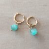 ARO DE ACERO DORADO ARGOLLA 2 MM CON BISAGRA Y PERLA OJO DE GATO CELESTE COLGANTE. DIÁMETRO 12 MM