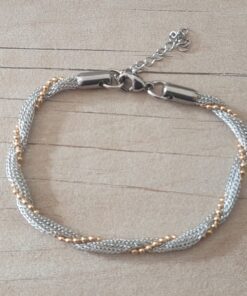 PULSERA DE ACERO COMBINADA MALLA PLANA 4MM ENTRELAZADA CON CADENA BOLITA DORADA. LARGO 18,5 + 4 CM EXT. CM