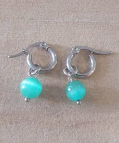 ARO DE ACERO ARGOLLA 12 MM CON DIJE OJO DE GATO VERDE COLGANTE