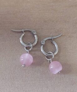 ARO DE ACERO ARGOLLA 12 MM CON DIJE OJO DE GATO ROSA COLGANTE
