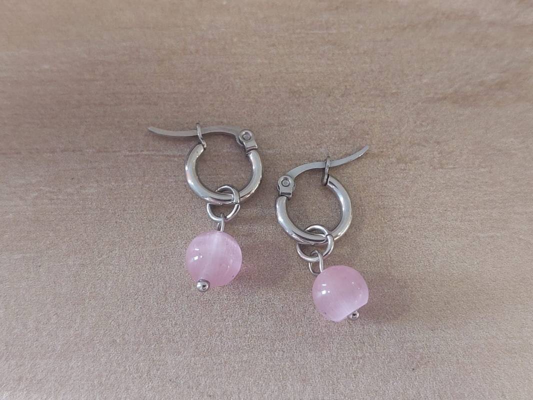 ARO DE ACERO ARGOLLA 12 MM CON DIJE OJO DE GATO ROSA COLGANTE