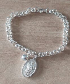 PULSERA DE ACERO BLANCO ROLO 5.0 CON DIJE SAN BENITO OVAL Y BOLITA 8 MM. LARGO 18 CM