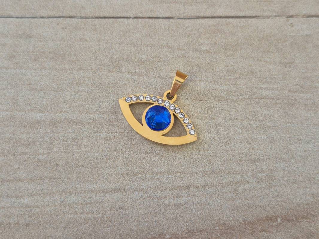 DIJE DE ACERO DORADO OJO TURCO CON STRASS. TAMAÑO 12 X 21 MM