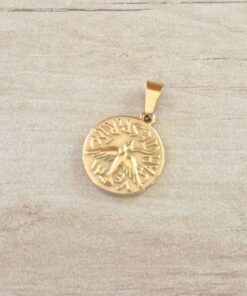 DIJE DE ACERO DORADO MEDALLA DEL ESPIRITU SANTO. TAMAÑO 18 MM