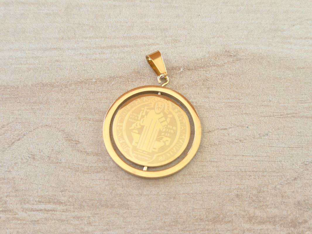 DIJE DE ACERO MEDALLA DE SAN BENITO GIRATORIA. TAMAÑO 28 MM