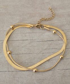 PULSERA DE ACERO DORADO VÍBORA CHATA COMBINADA CON CLAPTON CON BOLITA. LARGO 19 CM + EXT. 4,5 CM.