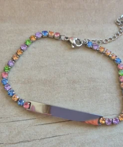 PULSERA DE ACERO TIRA DE STRASS 3.5 MM MIX COLORES, CON CHAPA 32 X 5 MM PARA GRABAR. LARGO 18 + 5 CM EXT.