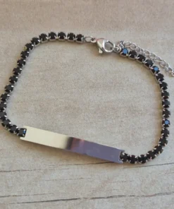 PULSERA DE ACERO TIRA DE STRASS 3.5 MM NEGRO, CON CHAPA 32 X 5 MM PARA GRABAR. LARGO 18 + 5 CM EXT.