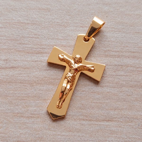 DIJE DE ACERO DORADO CRUZ CON CRISTO 22 X 35 MM
